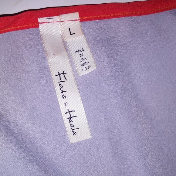 Flats & Heels Blouse Large Navy Blue Gray Orange Colorblock Chiffon Short Sleeve - Picture 6 of 6